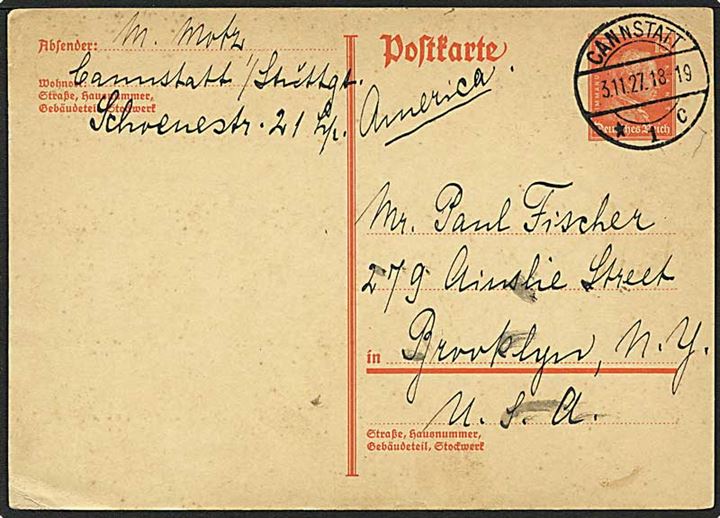 15 pfennig rød enkeltbrevkort fra Cannstatt, Tyskland, d. 3.11.1927 til New York, USA.
