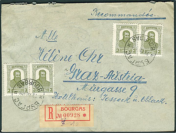 3 l. (4) på anbefalet brev fra Bourgas d. 23.12.1929 til Graz, Østrig. Fold.