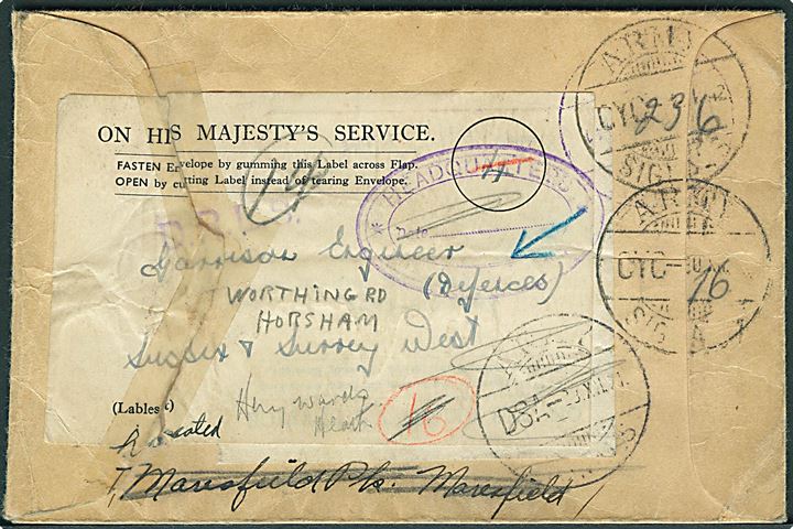 Ufrankeret OHMS tjenestebrev sendt med kurer med flere Army Signals stempler 1942 til Horsham - eftersendt