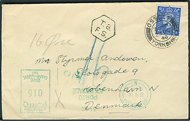 2½d George VI på underfrankeret brev fra Ossett Yorkshire d. 23.10.1948 til København, Danmark. Britisk portostempel T.8.F.S. og udtakseret i 16 øre dansk porto med grønt porto-maskinstempel fra København N d. 26.10.1948.