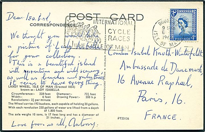Isle of Man. 4d Elizabeth lokal udg. på brevkort fra Douglas Isle of Man d. 6.9.1966 til Paris, Frankrig.