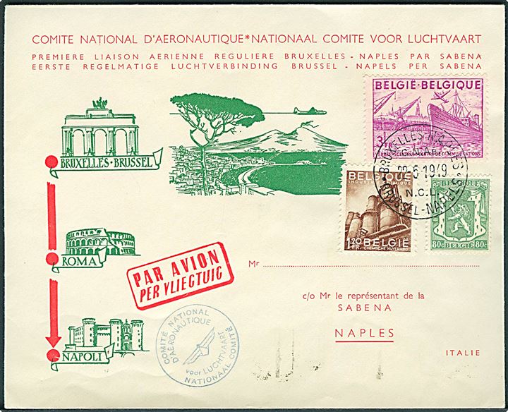Blandingsfrankeret illustreret Sabena 1.-flyvningskuvert fra Bruxelles d. 22.5.1949 til Neapel, Italien.