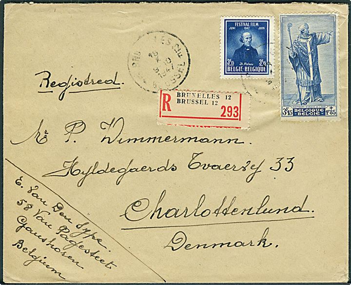 3,15 fr. Film Festival og 3,15+1,85 fr. velgørenhed på anbefalet brev fra Bruxelles d. 18.10.1947 til Charlottenlund, Danmark.