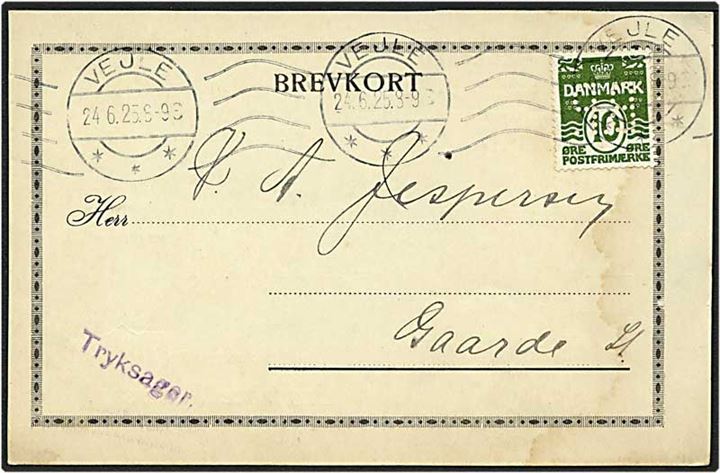 10 øre grøn bølgelinie på tryksag fra Vejle d. 24.6.1925 til Gaarde. Mærket med perfin B.36 - Brødrene Pedersen.