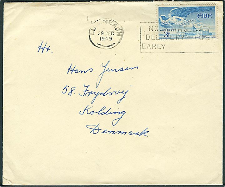 3p single på brev fra Luimneach d. 20.12.1949 til Kolding, Danmark.