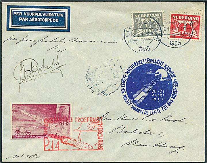 ½ cent og 1 cent, samt raketpost mærket, på raket post brev fra Katwijk an See d. 21.3.1935. 