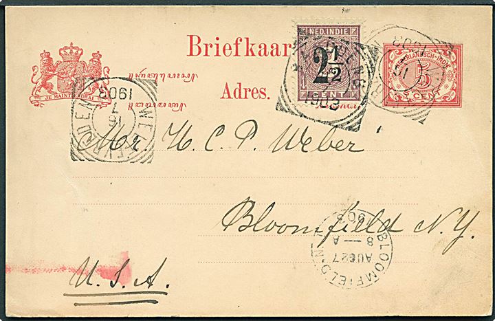 5 cent helsags brevkort opfrankeret med 2½/3 cent Provisorium fra Bandoeng d. 15.7.1902 via Weltevreden d. 16.7.1902 til Bloomfield, USA.