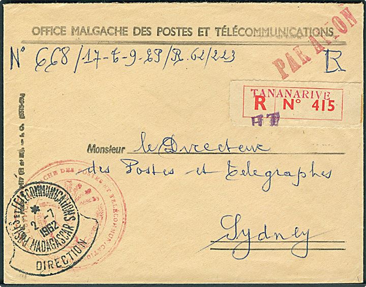 Ufrankeret anbefalet postsag fra Tananarive d. 2.7.1962 til Sydney, Australien.