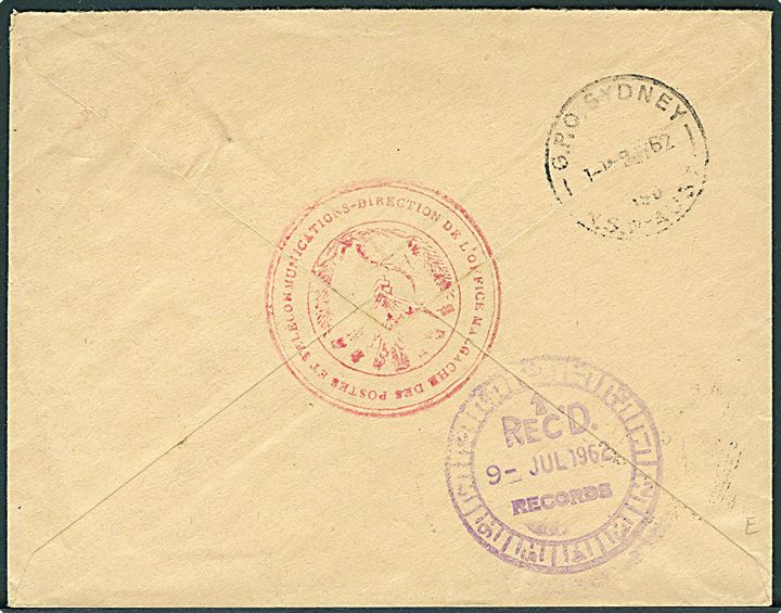 Ufrankeret anbefalet postsag fra Tananarive d. 2.7.1962 til Sydney, Australien.