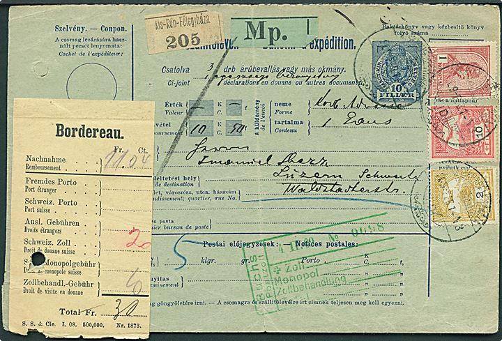 10 f. adressekort med 2 f. og 10 f. Turul og 1 kr. Franz Joseph for pakke med opkrævning fra Kis-Kún-Félegyháza 1909 til Luzern, Schweiz. Fold og 2 arkivhuller.