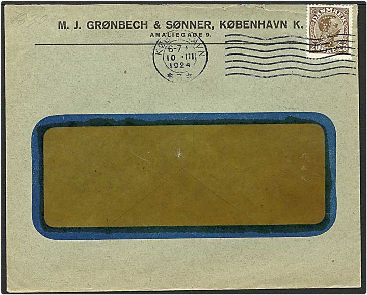 20 øre brun Chr. X på brev fra København d. 10.3.1924. Mærket med perfin G.30 - M.J. Grønbeck & Sønner.