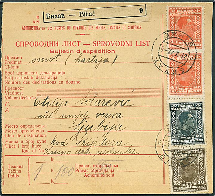 50 pa., 2 d. og 4 d. (par) Kong Alexander på adressekort for pakke fra Bihac d. 21.5.1927 til Ljubija.