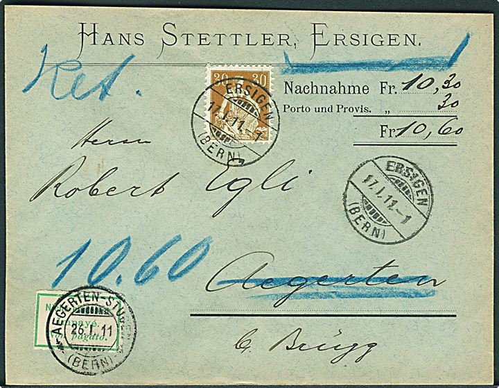 30 c. Helvetia single på brev med opkrævning fra Ersigen d. 17.1.1911 til Aegerten. Retur med 2-sproget etiket som Ej indløst.
