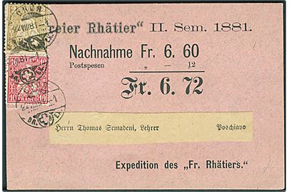 2 c. og 10 c. Helvetia på brevkort med postopkrævning fra Chur d. 22.8.1881 til Poschiavo.