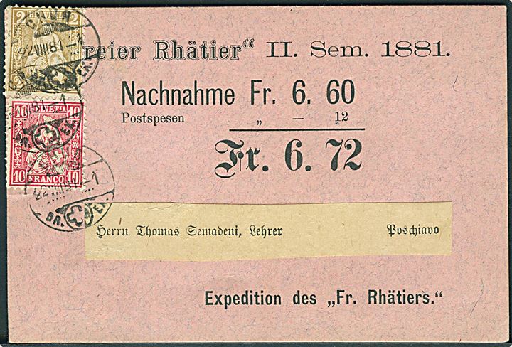 2 c. og 10 c. Helvetia på brevkort med postopkrævning fra Chur d. 22.8.1881 til Poschiavo.
