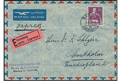 1,20 fr. single på luftpost ekspres brev fra Bern d. 2.10.1948 til Stockholm. Sendt fra Commission Internationale Pénale et Pénitentiaire (Den internationale Straf- og Fængselsvæsen Kommission). 