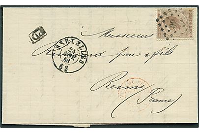 30 c. Leopold I single på brev annulleret med nr.stempel 60 fra Bruxelles d. 24.11.1868 til Reims, Frankrig.