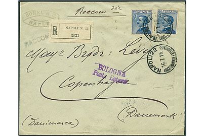 25 c. (2) på anbefalet brev fra Napoli d. 16.7.1915 til København, Danmark. Åbnet af italiensk censur.