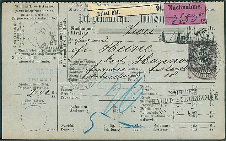 Ufrankeret internationalt adressekort for pakke med opkrævning fra Triest Bahnhof d. 12.3.1887 til Hannover, Tyskland.