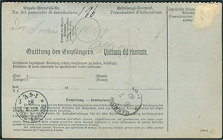 Ufrankeret internationalt adressekort for pakke med opkrævning fra Triest Bahnhof d. 12.3.1887 til Hannover, Tyskland.