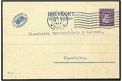 15 øre violet Chr. IV singelfrankatur på brevkort fra København d. 10.1.1925 til Glamsbjerg. Mærket med perfin V.15 - V. Løwener.