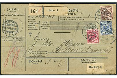 10 pfg., 20 pfg. og 50 pfg. Adler på internationalt adressekort for pakke fra Gotha d. 13.7.1898 via Hamburg og Ribe til Holstebro, Danmark. Lodret fold.