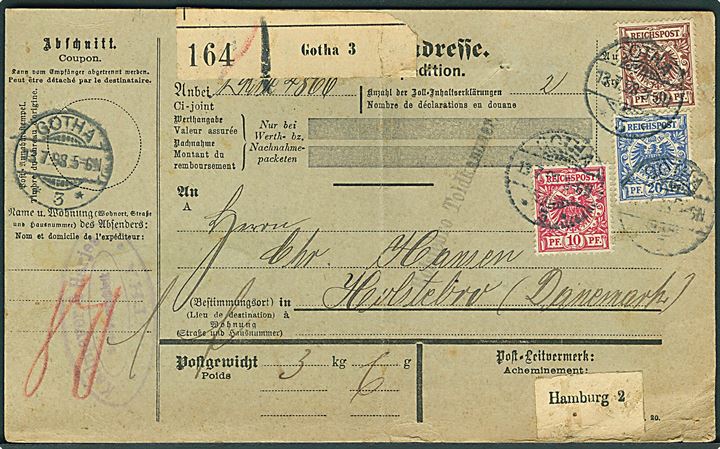 10 pfg., 20 pfg. og 50 pfg. Adler på internationalt adressekort for pakke fra Gotha d. 13.7.1898 via Hamburg og Ribe til Holstebro, Danmark. Lodret fold.