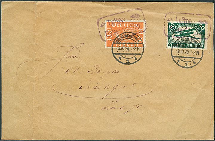 Komplet sæt Luftpost på brev annulleret med rammestempel Luftpost Gelsenkirchen og sidestemplet Gelsenkirchen d. 8.10.1920. Fold.