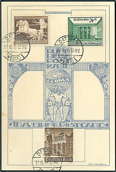 42+108 pfg. Das Braune Band og andre på særligt Globus Rundreise postkarte (løs) sendt anbefalet fra Datteln d. 11.11.1940 til Charlottenlund, Danmark. Tysk censur fra Berlin.
