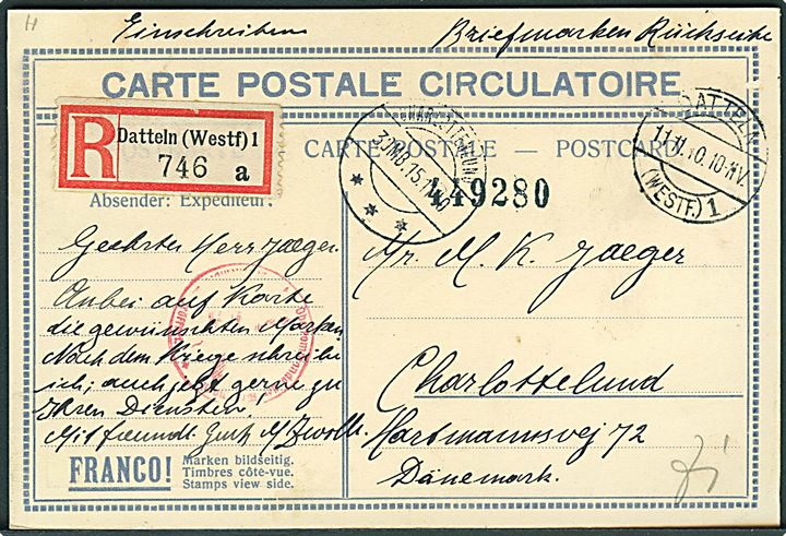 42+108 pfg. Das Braune Band og andre på særligt Globus Rundreise postkarte (løs) sendt anbefalet fra Datteln d. 11.11.1940 til Charlottenlund, Danmark. Tysk censur fra Berlin.