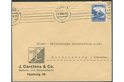 25 pfg. Jernbanejubilæum single på brev fra Hamburg d. 12.10.1935 til Helsingborg, Sverige.