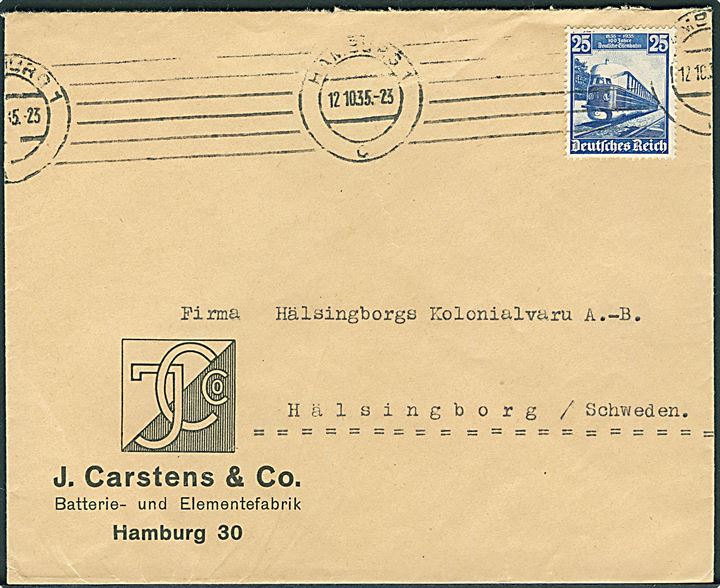 25 pfg. Jernbanejubilæum single på brev fra Hamburg d. 12.10.1935 til Helsingborg, Sverige.