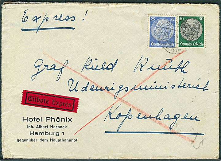 25 pfg. og 50 pfg. Hindenburg på ekspresbrev fra Honnef d. 10.7.1940 til Grev Knuth, Udenrigsministeriet i København, Danmark. Ikke åbnet af censuren.