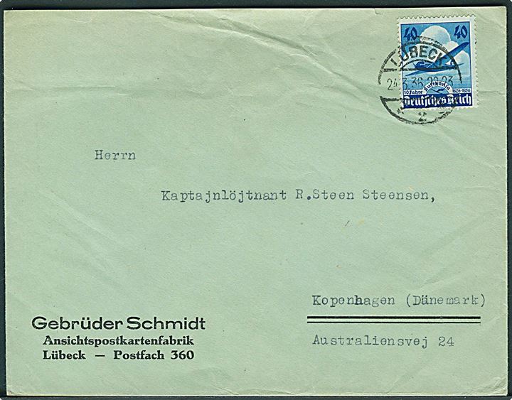 40 pfg. Lufthansa single på brev fra Lübeck d. 24.3.1936 til København, Danmark.