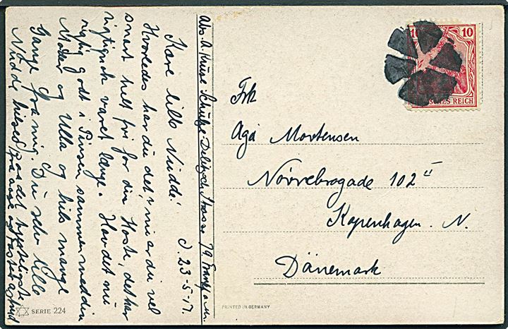 10 pfg. Germania på brev dateret Frankfurt d. 23.5.1917 annulleret med stumt stempel til København, Danmark.