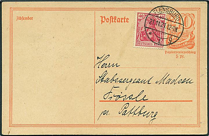 40 pfg. helsagsbrevkort opfrankeret med 40 pfg. Germania fra Flensburg d. 21.11.1921 til Frøslev pr. Padborg, Danmark. Trods nedsættelse af porto i grænseområdet i 1921, er forsendelsen frankeret til udlandstakst.