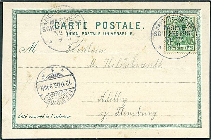 5 pfg. Germania på brevkort fra Constantinopel annulleret med marineskibsstempel Kais. Deutsche Marineschiffspost No. 12 d. 9.11.1903 til Flensburg, Tyskland.