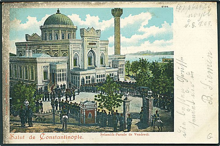 5 pfg. Germania på brevkort fra Constantinopel annulleret med marineskibsstempel Kais. Deutsche Marineschiffspost No. 12 d. 9.11.1903 til Flensburg, Tyskland.