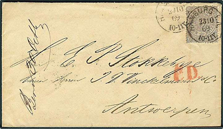 Norddeutscher Postbezirk 2 gr. single på brev fra Hamburg d. 23.10.1869 til Antwerpen, Belgien. På bagsiden grænsestempel Preusse EST 3.