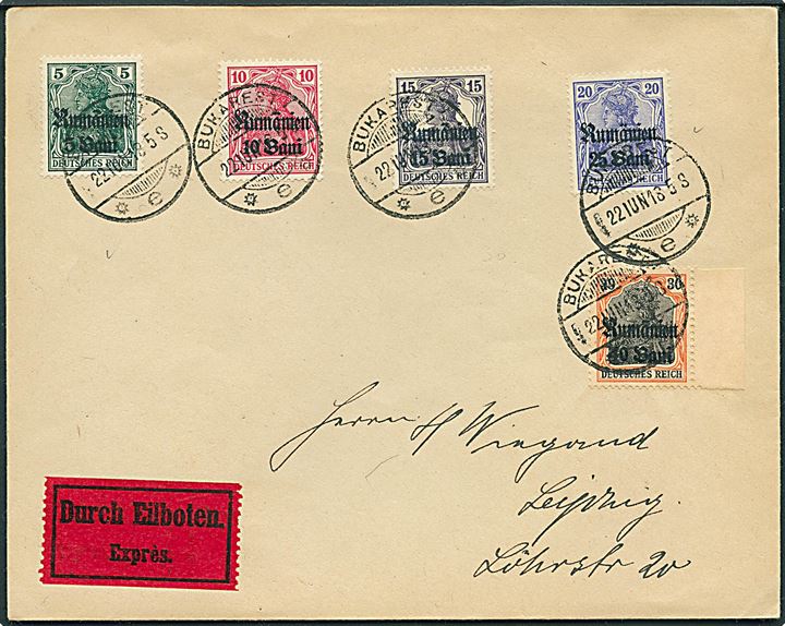 Tysk post i Rumænien. Rumänien provisorier på filatelistisk ekspresbrev fra Bukarest d. 22.6.1918 til Leipzig, Tyskland.