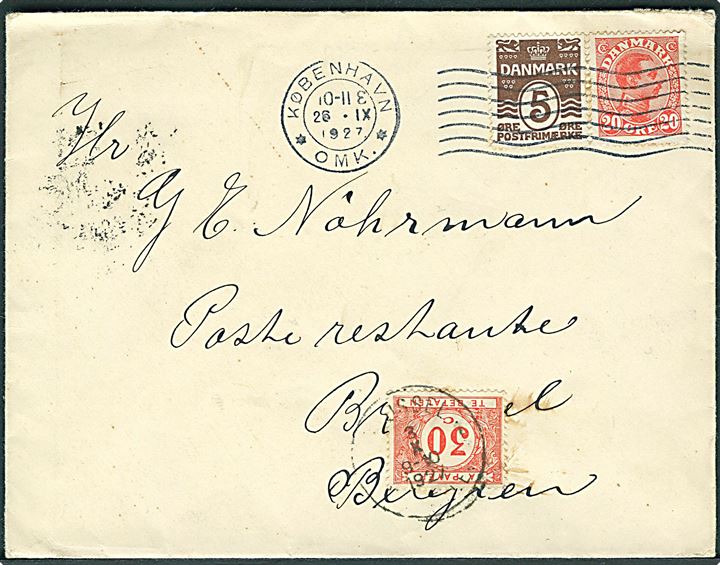5 øre Bølgelinie og 20 øre Chr. X på brev fra København d. 26.9.1927 til Poste Restante i Bruxelles, Belgien. Påast belgisk 30 cents portomærke stemplet i Bruxelles.