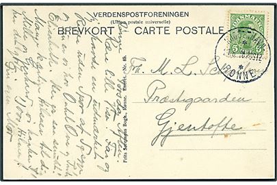 5 øre Chr. X på brevkort (Hammershus ruiner) annulleret med sejlende bureaustempel Kjøbenhavn - * * Rønne d. 21.6.1918 Post2 til Gjentofte.