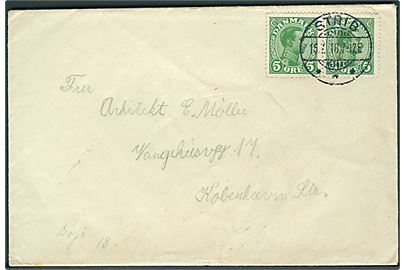 5 øre grøn Chr. X (2) på brev fra spejderlejren i Røjle stemplet Strib d. 15.7.1918 til København.