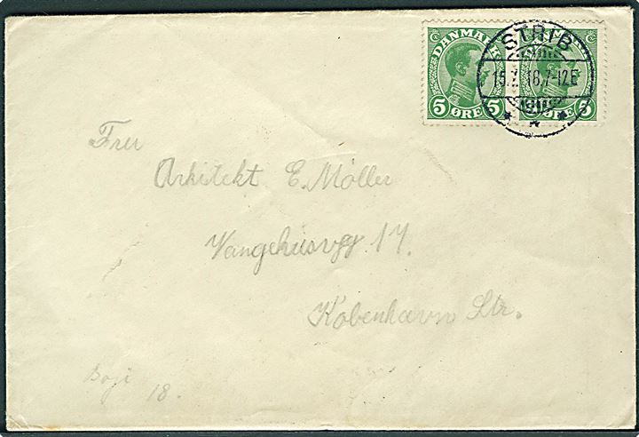 5 øre grøn Chr. X (2) på brev fra spejderlejren i Røjle stemplet Strib d. 15.7.1918 til København.