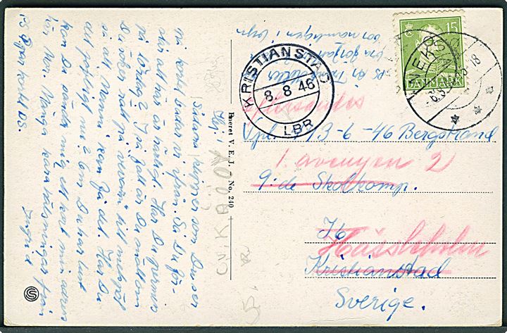 15 øre Chr. X på brevkort annulleret med svagt udslebet stjernestempel AARSDALE og sidestemplet Neksø d. 6.8.1946 til svensk soldat ved 9:de Skolkomp., J6 i Kristiansted - eftersendt til Hässleholm, Sverige.
