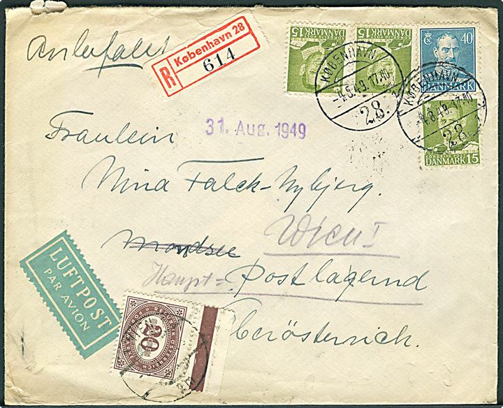 15 øre Fr. IX (3) og 40 øre Chr. X på anbefalet luftpostbrev fra København d. 4.8.1949 til postlagend i Wien, Østrig. Påsat østrigsk 20 gr. Portomærke for Postlagend (post restante) gebyr.