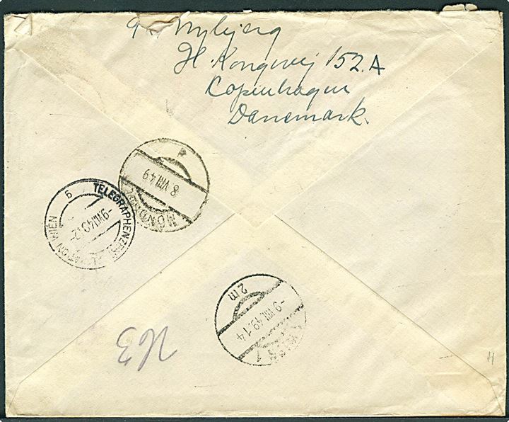 15 øre Fr. IX (3) og 40 øre Chr. X på anbefalet luftpostbrev fra København d. 4.8.1949 til postlagend i Wien, Østrig. Påsat østrigsk 20 gr. Portomærke for Postlagend (post restante) gebyr.