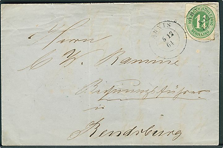 Herzogth. Schleswig. 1 1/4 Sch. stukken kant på brev stemplet Arnis d. 5.12.1864 via Eckernförde til Rendsburg.