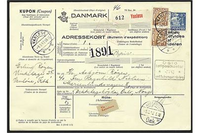40 øre blå karavel og 1 kr. brun Chr. X på internationalt adressekort fra Vanløse d. 4.5.1943 til Oslo, Norge.