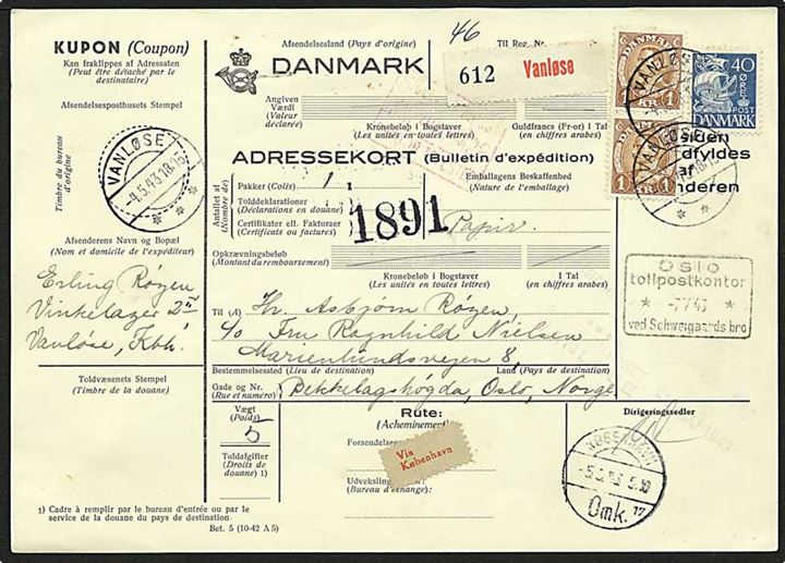 40 øre blå karavel og 1 kr. brun Chr. X på internationalt adressekort fra Vanløse d. 4.5.1943 til Oslo, Norge.